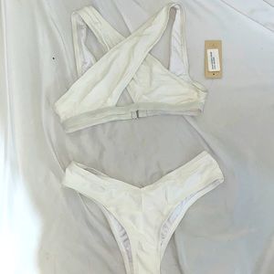 White ribbed cross top bikini set